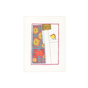 May include: A colorful print with a blue and white striped background, red flowers, yellow flowers, and a yellow bird. The print is framed in a red border.