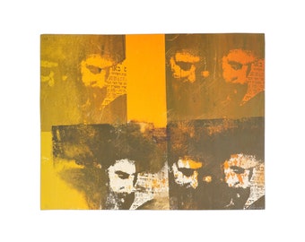May include: A colorful abstract art print with four faces in a grid pattern. The faces are partially obscured by a yellow and orange background with text in Hebrew.