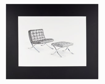 Watercolor Painting Barcelona Chair Mies van der Rohe Interior Design Mid Century Modern
