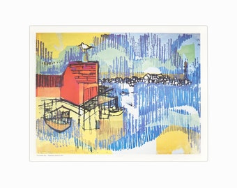 May include: A colorful abstract painting depicting a red building with a white bird on top, boats in the water, and a cityscape in the background. The painting is done in a style reminiscent of a child's drawing, with bold lines and bright colors.