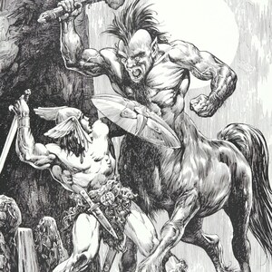 May include: Black and white illustration of a centaur-like creature with a human torso and a horse's body, wielding a sword and shield, battling a human warrior with a sword. The scene is set against a rocky backdrop with a waterfall in the background.