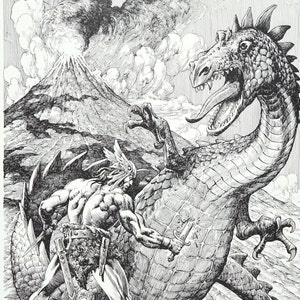 Peut inclure: Une illustration en noir et blanc d'un homme musclé combattant un dragon. L'homme tient une épée et le dragon crache du feu. L'arrière-plan est un volcan en éruption.