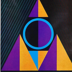May include: Abstract geometric art print featuring a black background with a purple, orange, and blue triangle design. A blue circle with a black and purple center is positioned in the middle of the print.