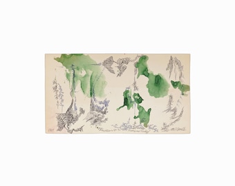 1965 William Sylvester Gamble Pintura de técnica mixta Acuarela Pluma Expresionista abstracto Mediados de siglo Vintage