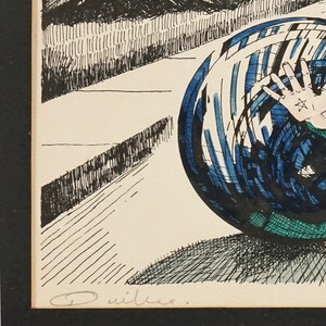 May include: A black and white pen and ink drawing of a person holding a large blue and white sphere. The sphere is patterned with lines and the person's hand is visible. The drawing is signed "D. Wilke."