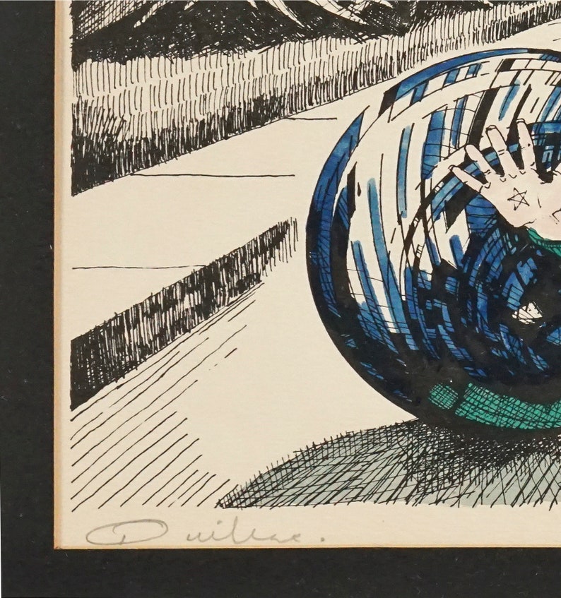 May include: A black and white pen and ink drawing of a person holding a large blue and white sphere. The sphere is patterned with lines and the person's hand is visible. The drawing is signed "D. Wilke."