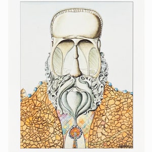 May include: A whimsical illustration of a man's face, with a beard and mustache, made of mosaic tiles. The man's face is made up of a variety of shapes and colors, and the background is a light blue.