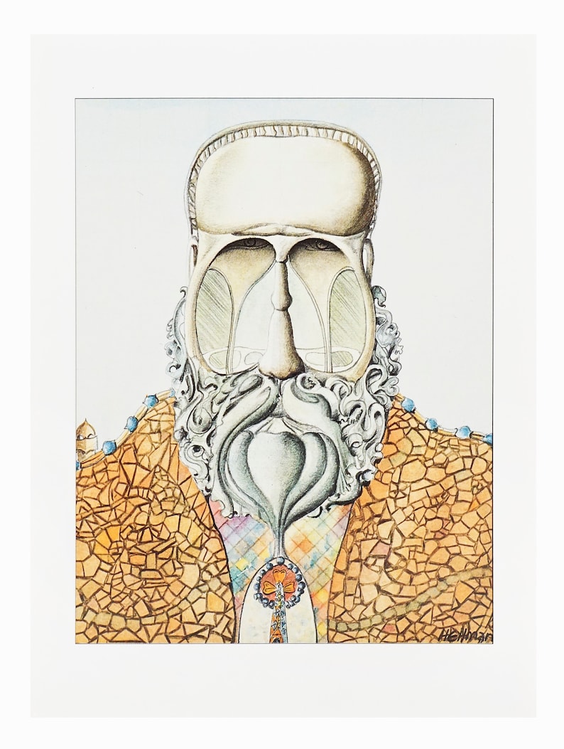 May include: A whimsical illustration of a man's face, with a beard and mustache, made of mosaic tiles. The man's face is made up of a variety of shapes and colors, and the background is a light blue.