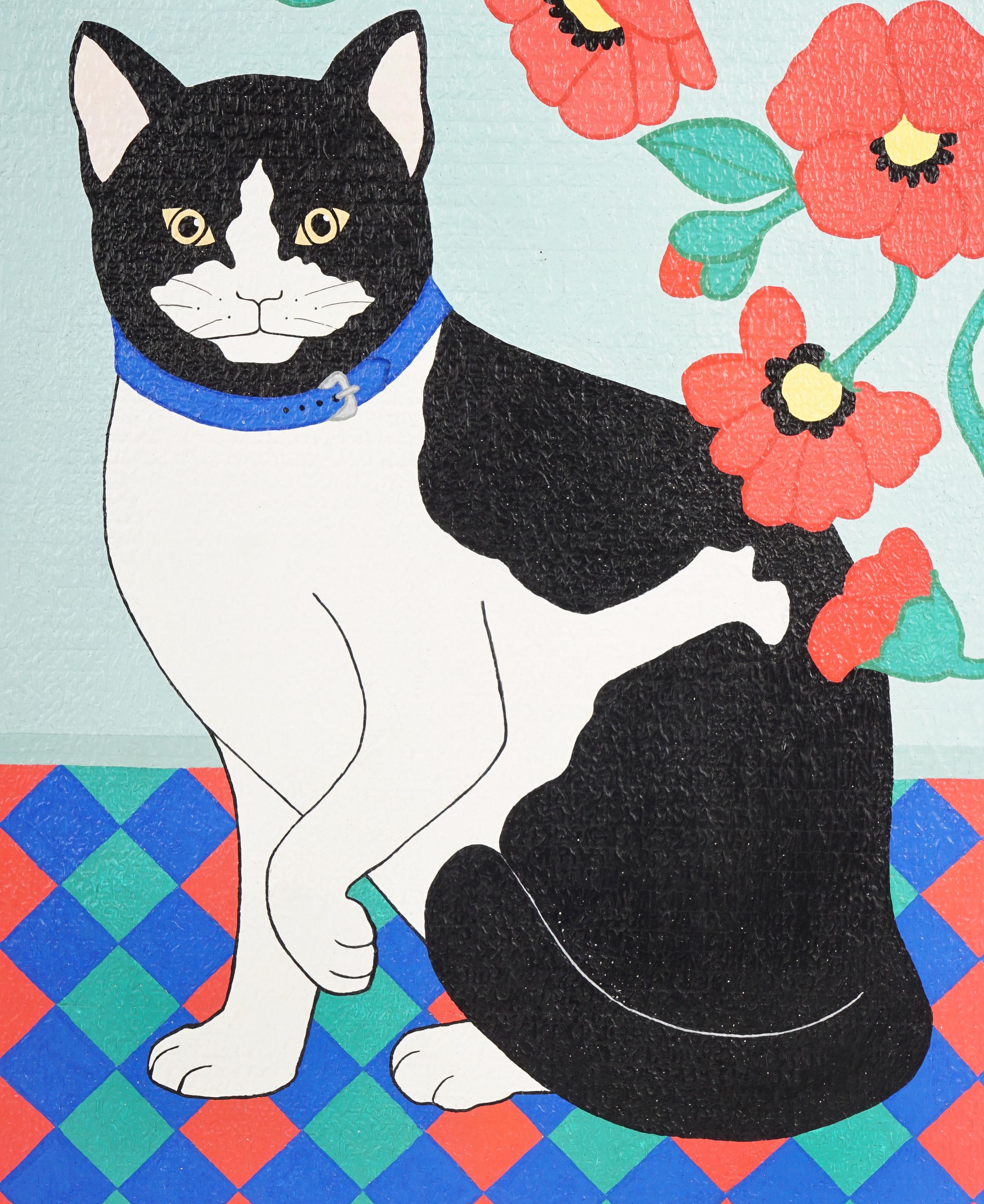 ダイアン・ホワイト アクリル画 猫 白黒 ミクストメディア