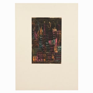 May include: A black and white print of a city skyline with colorful buildings. The buildings are drawn in a simple, abstract style.