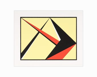 Puede incluir: Impresión de arte geométrico abstracto con formas negras, rojas y amarillas sobre un fondo blanco.