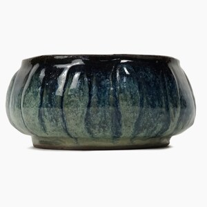 Vintage Ceramic Vase Round Shaped Blue Streaks Black Edge Green image 2