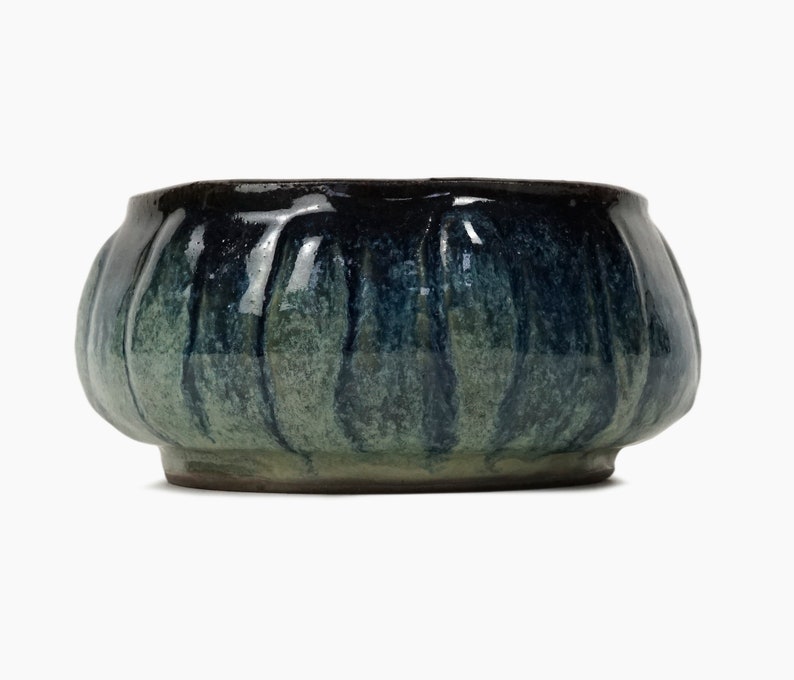 Vintage Ceramic Vase Round Shaped Blue Streaks Black Edge Green image 2