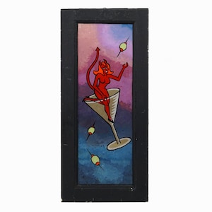 Reverse Acrylic Painting on Glass Female Devil with Martini Glass Vintage