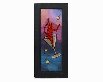 Reverse Acrylic Painting on Glass Female Devil with Martini Glass Vintage