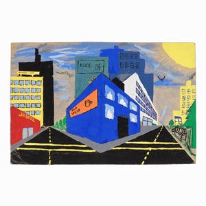 J. Blakley Gouache Painting su carta Art Class Chicago Skyline Mid-Century
