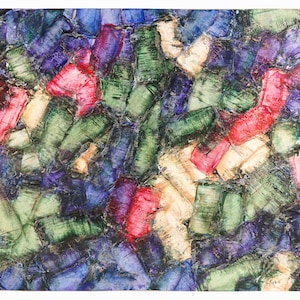 Peut inclure: Peinture abstraite avec une surface texturée. La peinture présente une variété de couleurs, notamment le bleu, le vert, le rouge et le blanc. Les couleurs sont appliquées de manière superposée et superposée, créant un sentiment de profondeur et de mouvement.