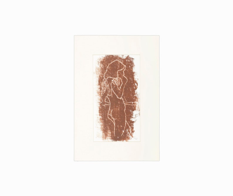 Vintage Woodcut Monoprint on Paper Nude Woman Brown Print image 1
