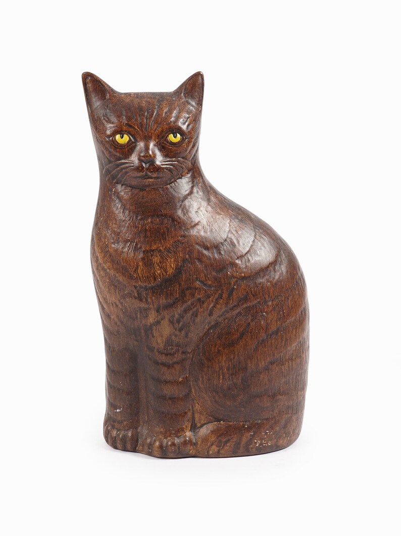 Vintage Ceramic Cat Figurine Brown Yellow Eyes image 2