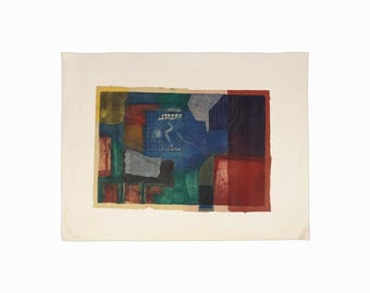 Vintage Mixed Media Print on Paper Handmade Paper Abstract Mid Century