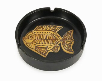 Modernist Ceramic Ashtray Yellow Fish Black Mid Century Modern