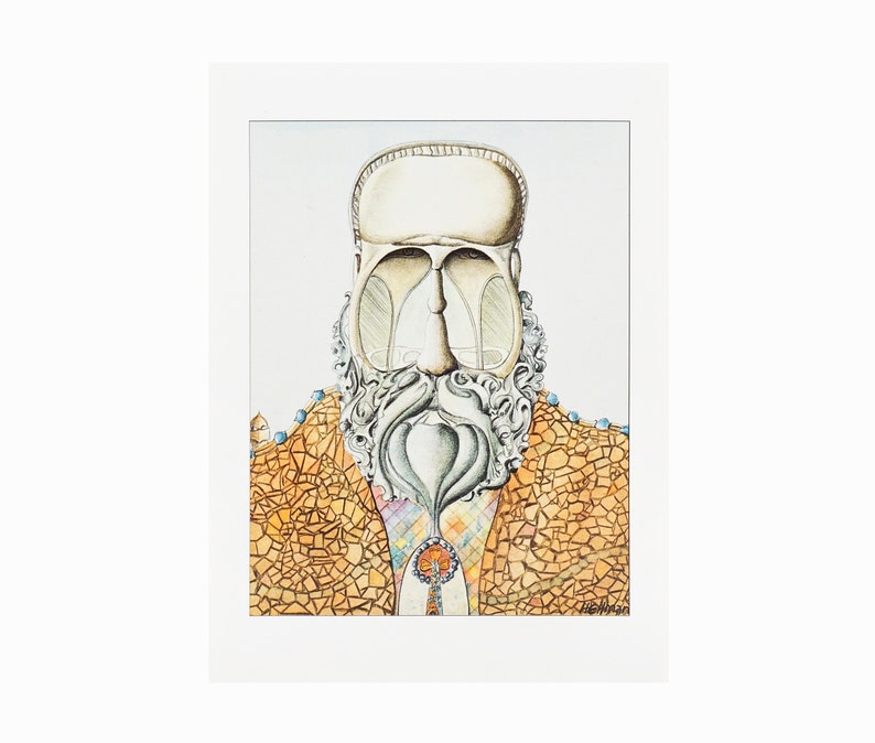 May include: A watercolor painting of a man with a large, ornate beard and a patterned jacket. The man's face is obscured by the beard, but his head is shaped like a dome. The jacket is made of small, mosaic-like pieces.