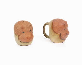 Juego de salero y pimentero de cerámica con forma de hipopótamo de UCTCI, fabricado en Japón. Cerámica japonesa vintage.