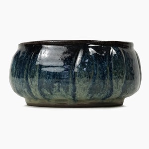 Vintage Ceramic Vase Round Shaped Blue Streaks Black Edge Green image 3