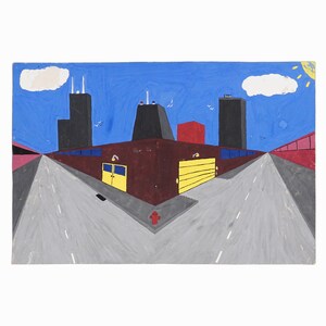 Pittura a guazzo su carta di metà secolo Lezione d'arte Skyline di Chicago