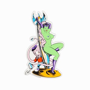 May include: A sticker featuring a green, female alien with purple hair and a purple outfit, standing on a rocket ship. A small, pink alien with a blue hat and red shirt is holding a can of spray paint.