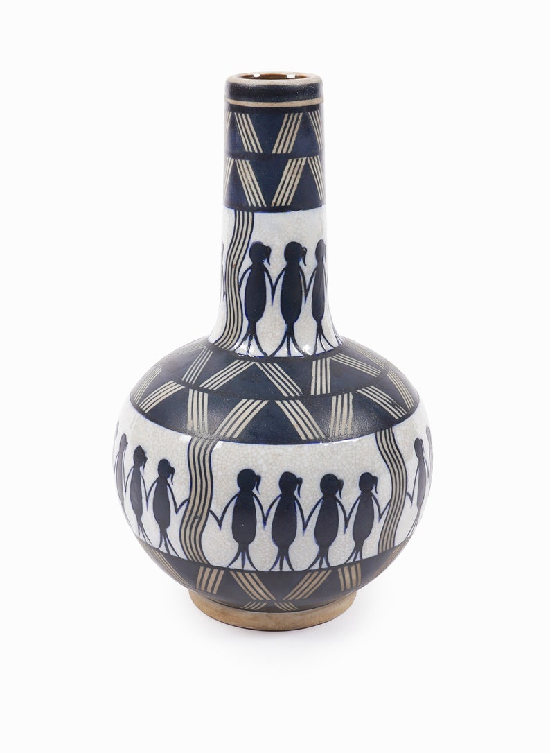 Vintage Ceramic Vase Navy Blue White image 2