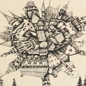 May include: A black and white ink drawing of a complex, multi-level structure that resembles a city or castle. The structure is drawn in a detailed, intricate style, with many small windows and doors. The drawing is done in a realistic style, with shading and highlights to give the structure a three-dimensional appearance.