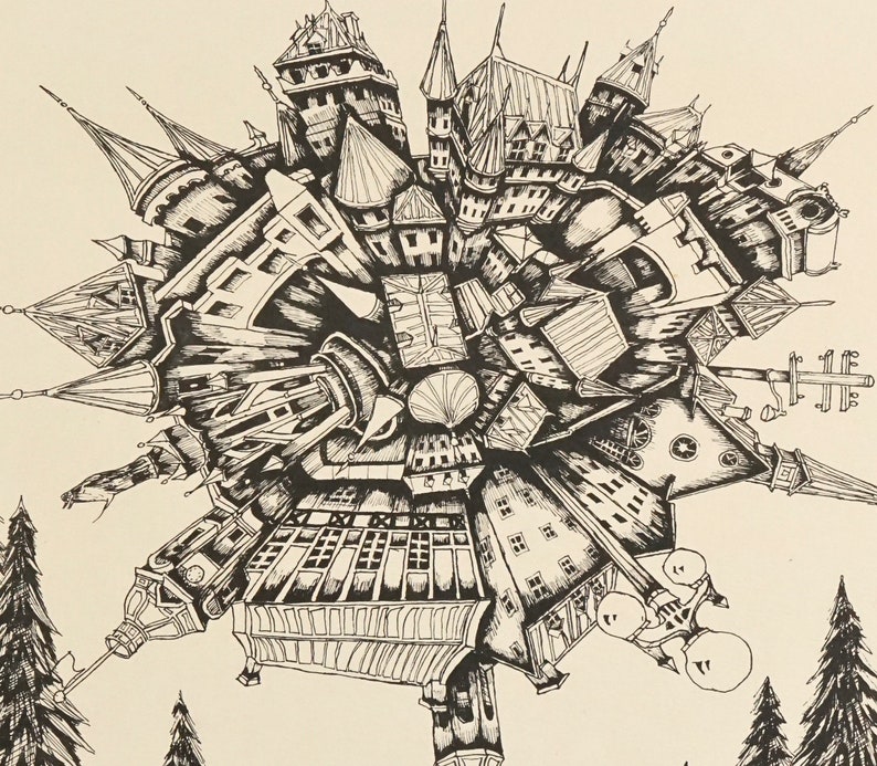 May include: A black and white ink drawing of a complex, multi-level structure that resembles a city or castle. The structure is drawn in a detailed, intricate style, with many small windows and doors. The drawing is done in a realistic style, with shading and highlights to give the structure a three-dimensional appearance.