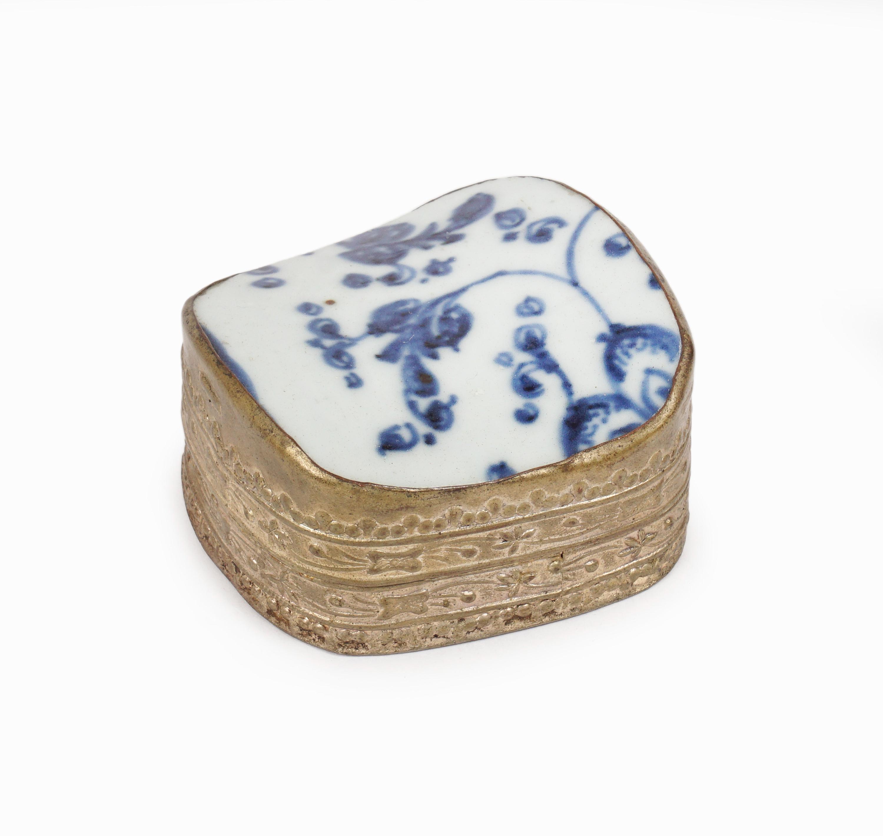 Chinese Silver Metal Trinket Box Porcelain Inlay Jewelry Antique Vintage