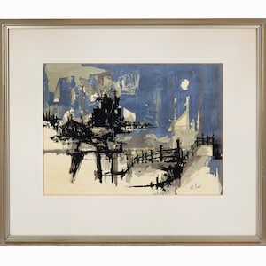 Abstract Oil Painting on Paper Mid Century