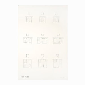 May include: A black and white line drawing of nine different room layouts. Each layout shows a small room with a door, window, and furniture. The drawing is titled "Room Studies".
