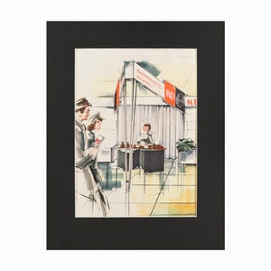 May include: A watercolour illustration of a trade show booth with a sign that reads "Textile Fabrics and Allied Products." Two people are standing in front of the booth, and a woman is sitting behind a desk.
