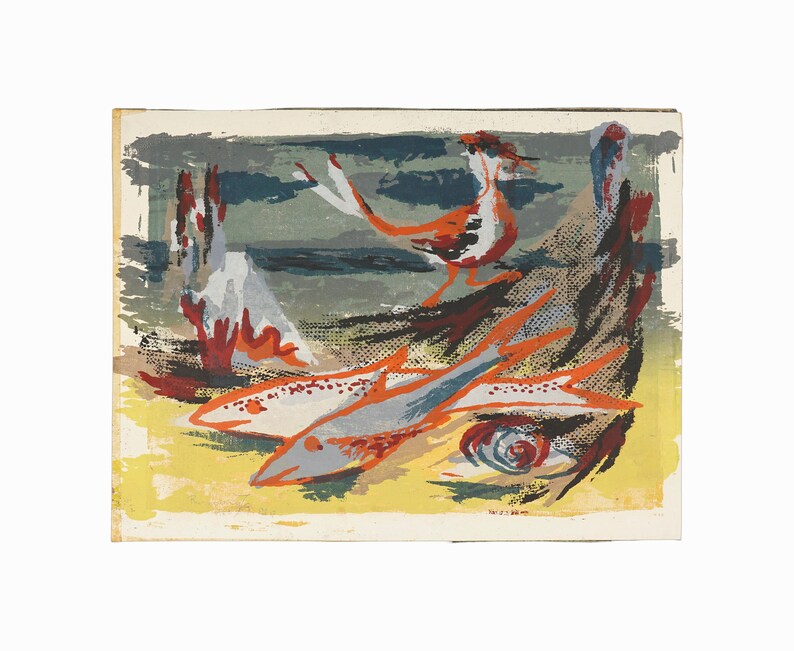 1950 Rosemary Zwick Lithograph on Paper Fish Mid Century Modern Vintage image 1