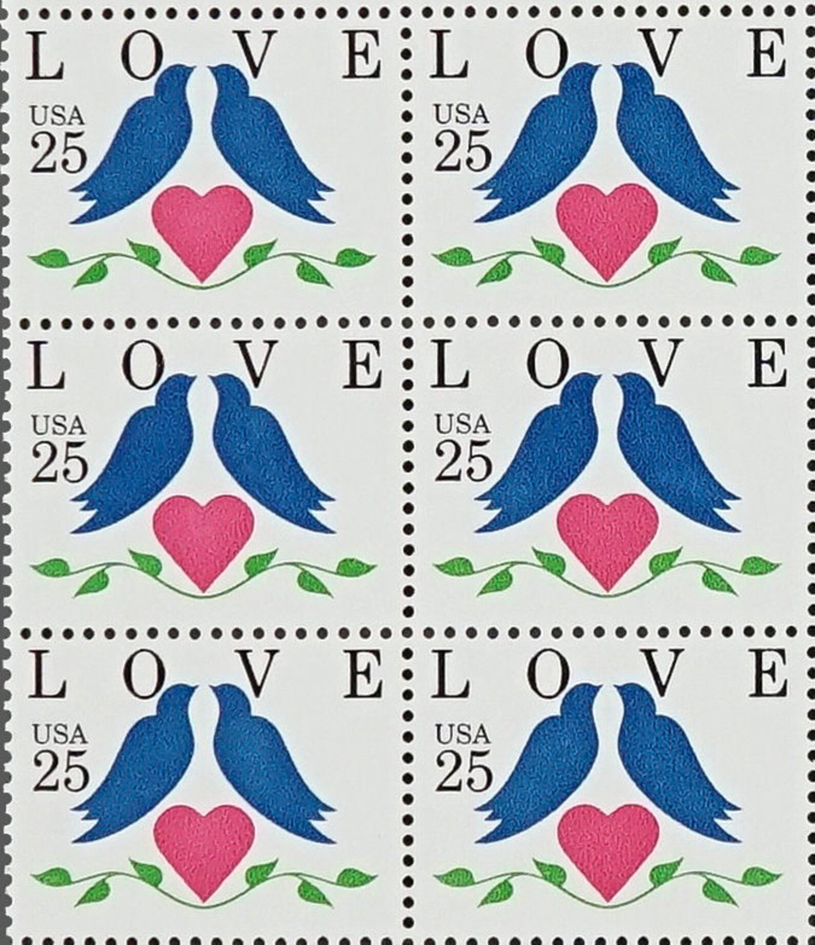 Set of 20 1990 25c Love Birds Postage Stamps Red Heart Blue Etsy