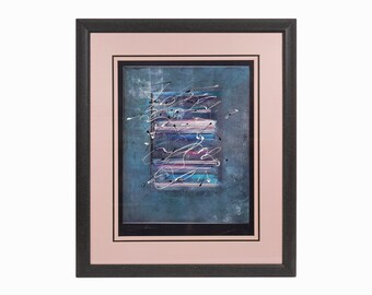 May include: Framed abstract art print with a blue, purple and white colour scheme. The print features a series of overlapping lines and shapes, creating a dynamic and textured effect.