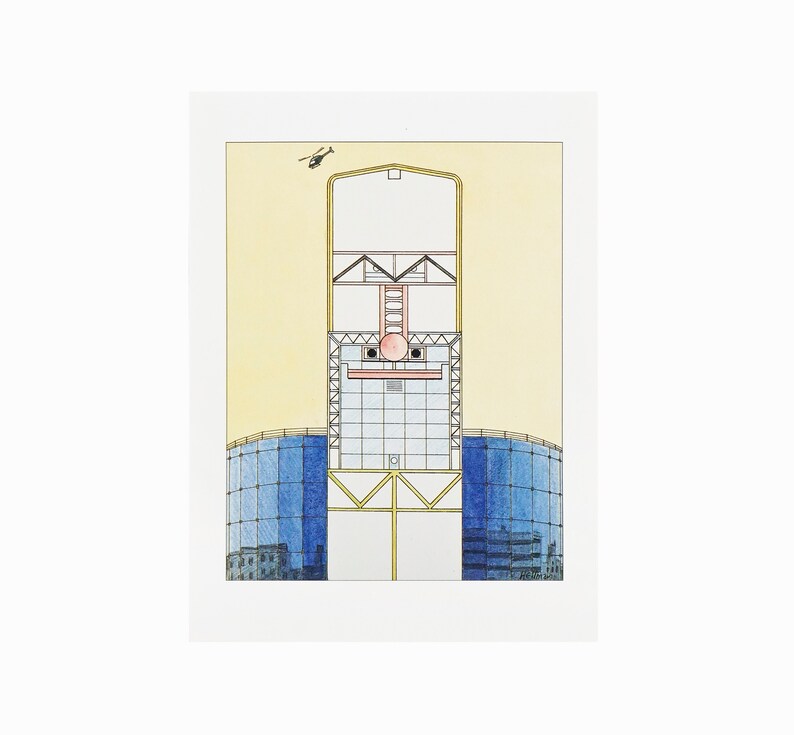 Puede incluir: Un dibujo a l&iacute;nea de un edificio con un helic&oacute;ptero volando por encima. El edificio est&aacute; hecho de vidrio y acero y tiene un gran espacio abierto en el medio. El dibujo est&aacute; hecho en negro, blanco, azul, amarillo y rojo.