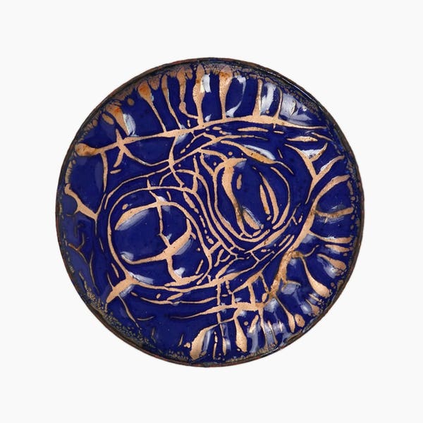 Enamel Copper Plate Mid Century Modern MCM MOD Decor Art Abstract Design Blue Color Small