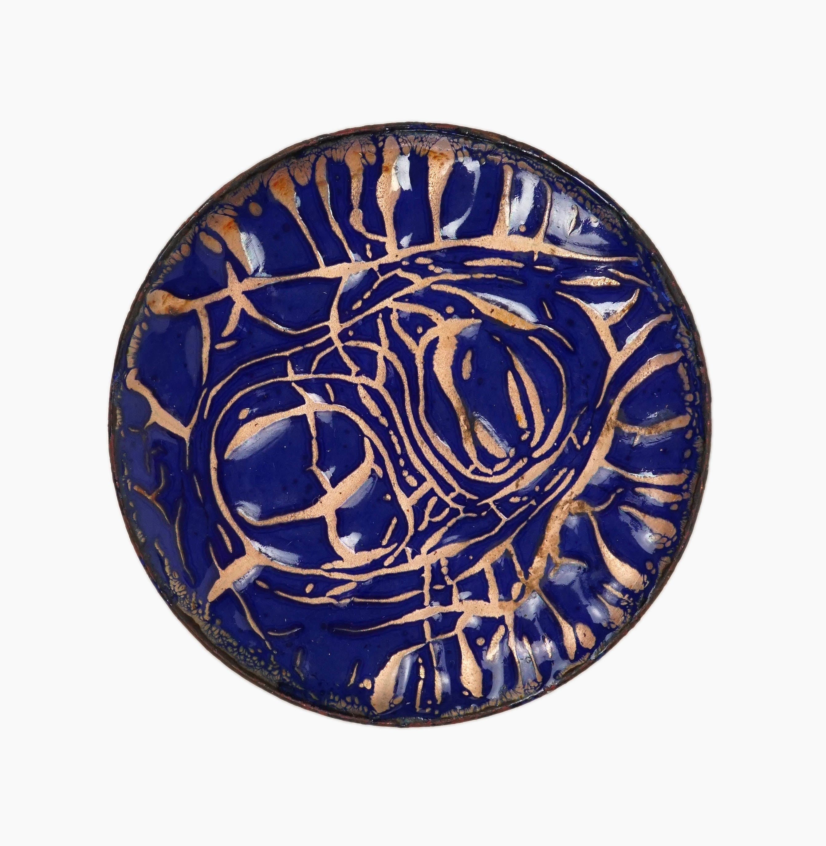 Enamel Copper Plate Mid Century Modern Abstract Cobalt Blue Color Small Tray Dish