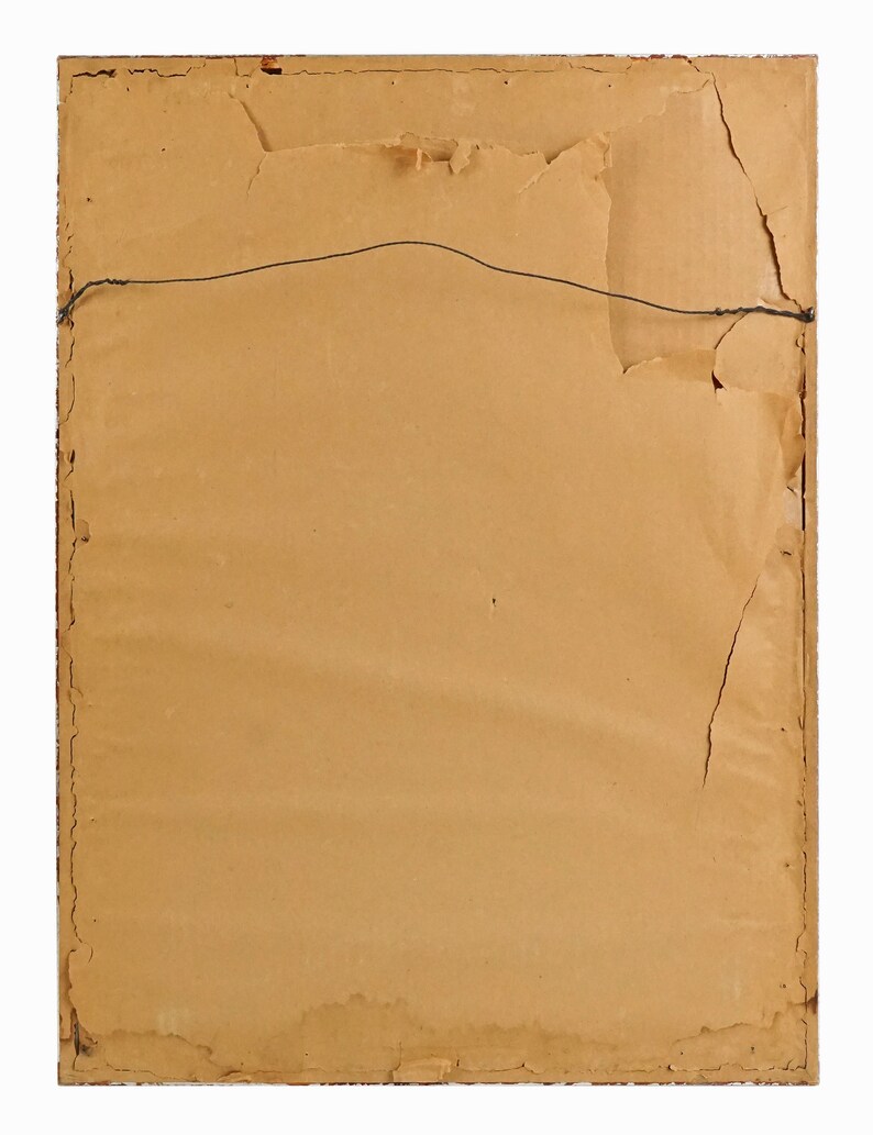 May include: The back of a framed picture with a brown paper backing. The frame is made of wood and has a gold finish. There is a wire hanger attached to the back of the frame.