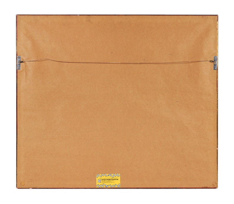 May include: The back of a framed picture with a yellow label that reads "ARTISTIC FRAME SERVICE INC."