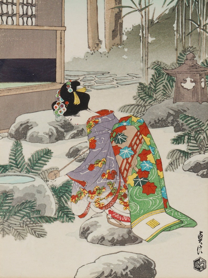 Sadanobu Hasegawa Woodblock Print Japan Maiko Girl, washing hand image 3