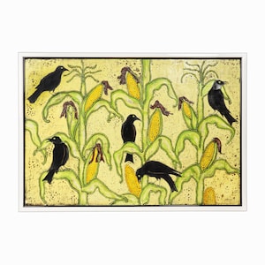 Diane White Acrylic Painting Cornfield Black Crows Mixed Media Vintage