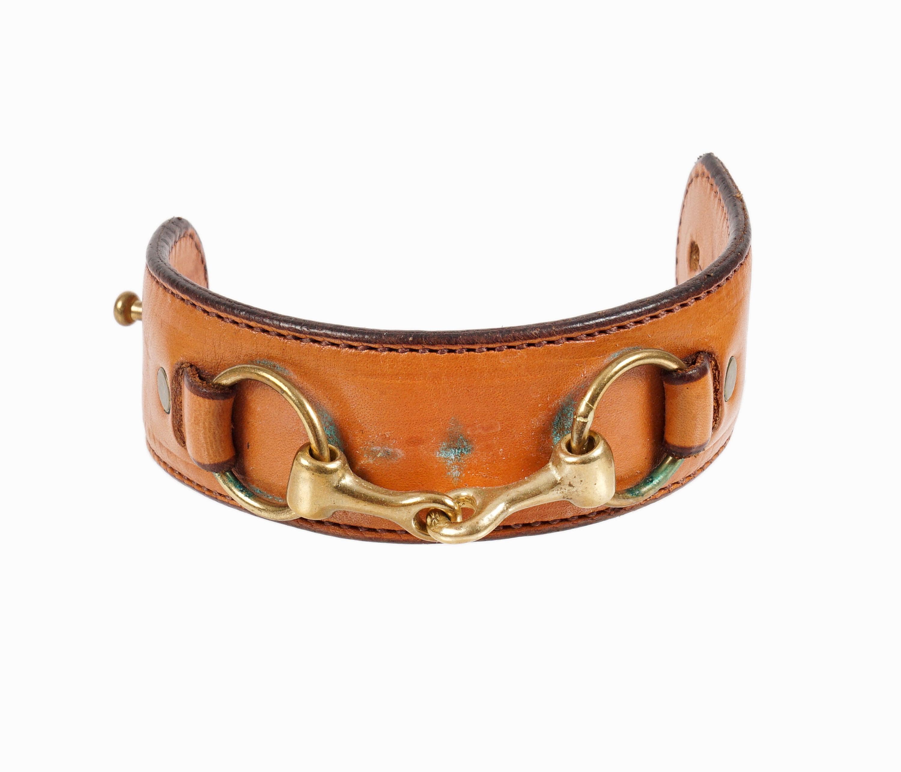 Rebecca Ray Snaffle Bit Cuff Bracelet Bridle Leather Brass Vintage