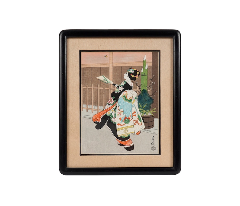 Sadanobu Hasegawa Woodblock Print Japan Maiko Girl, playing Hanetsuki game image 1