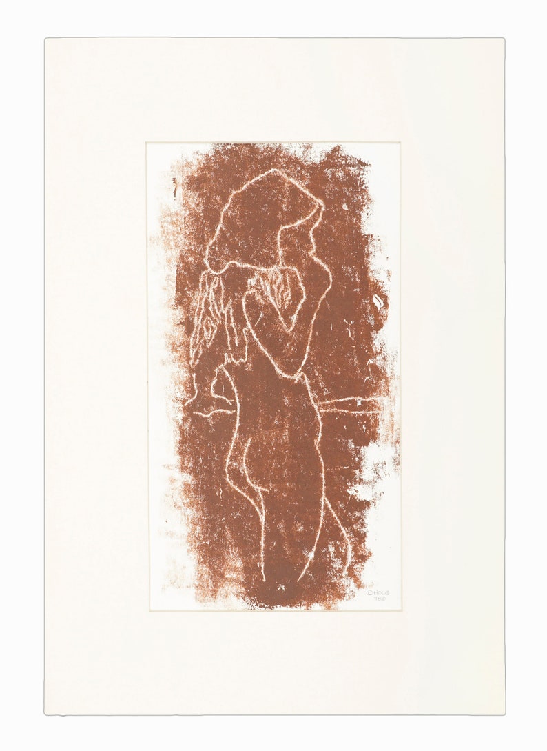 Vintage Woodcut Monoprint on Paper Nude Woman Brown Print image 2